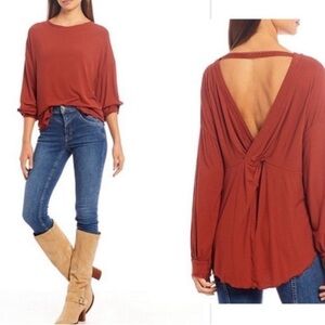 Free People Shimmy Shake Cowboy Long Sleeve Pullover V-Back Top Size Small Women
